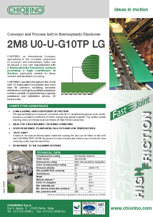 Packaging - High friction thermoplastic conveyor belt 2M8 U0-U-G10TP LG