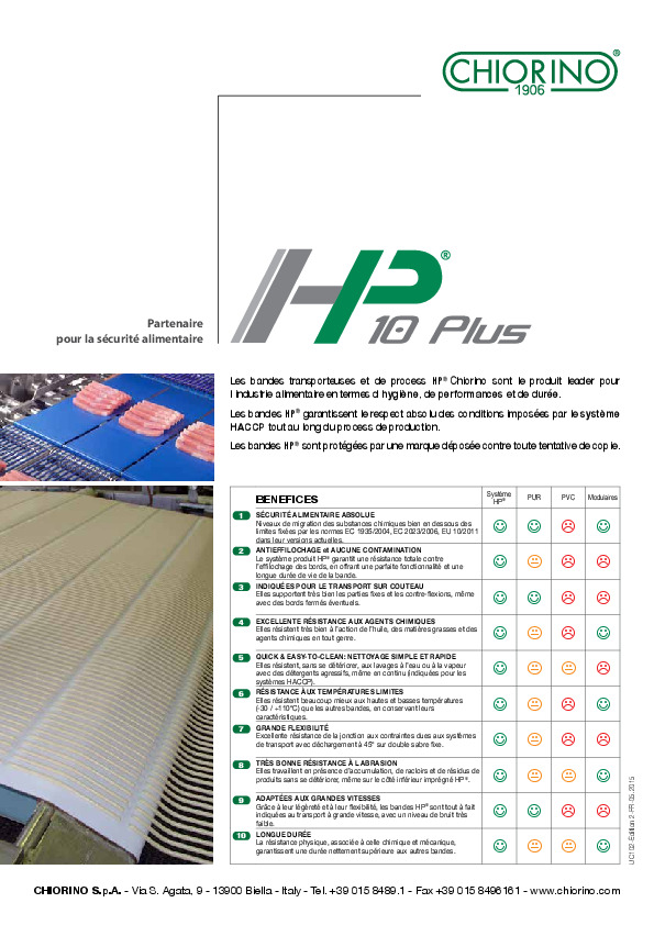 Alimentaire - Bandes transporteuses et de process HACCP - HP 10 plus